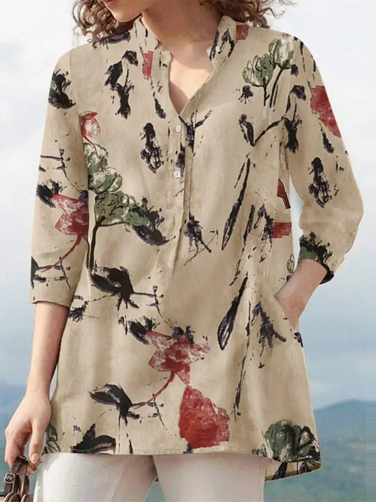 Vintage Printed Chemise ZANZEA Women Casual 3/4 Sleeve O Neck Blouse Autumn Bohemian Button Shirt Holiday Party Tunic Top Blusas