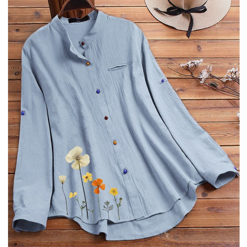 

White Cotton Linen Button Up Shirt Women Blouse Plus Size Tunics 2022 Casual Loose Floral Long Sleeve Women Tops Blusas 4xl