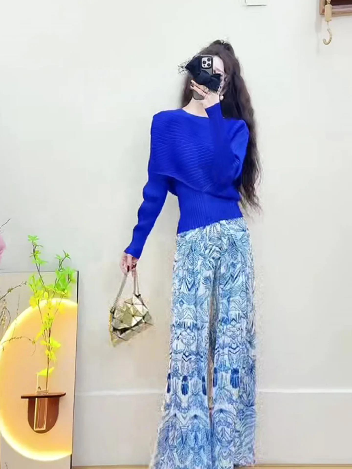 

Casual Wide Leg Pants Set round Neck Long Sleeve Women's Vintage Print Outfit Three Houses Artistic Pleated Color Design