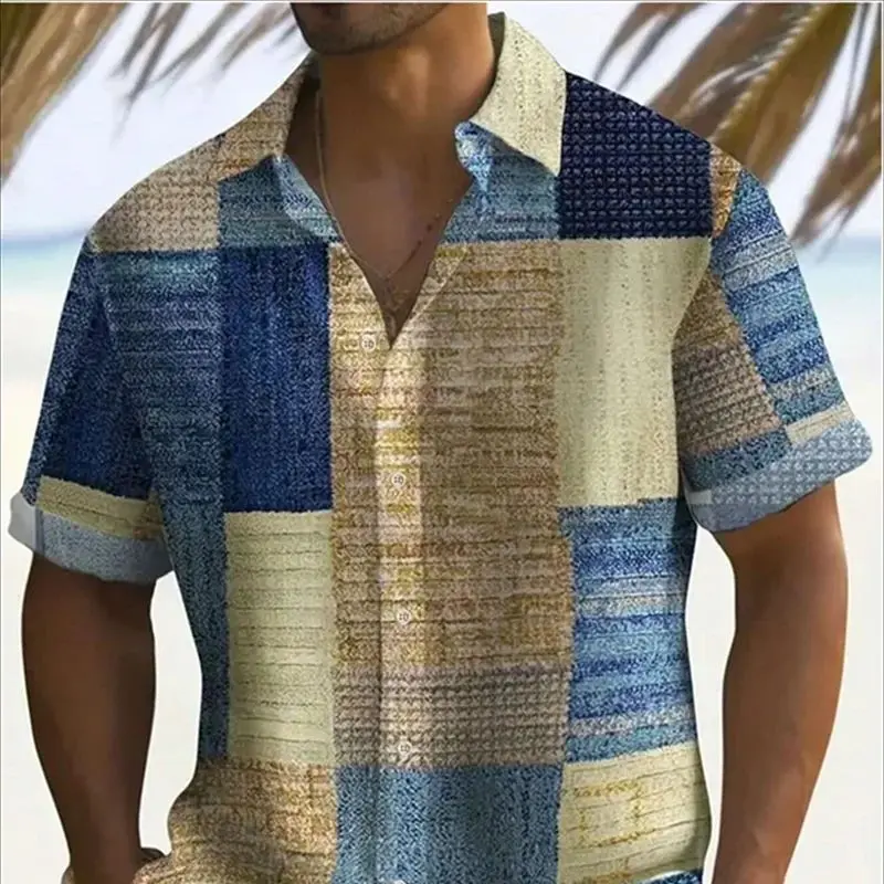 Men's Clothing Color Block 3D Printing Button-down Lapel Short Sleeve Shirt Large Size 5XL High Quality Hawaiian Beach Tops