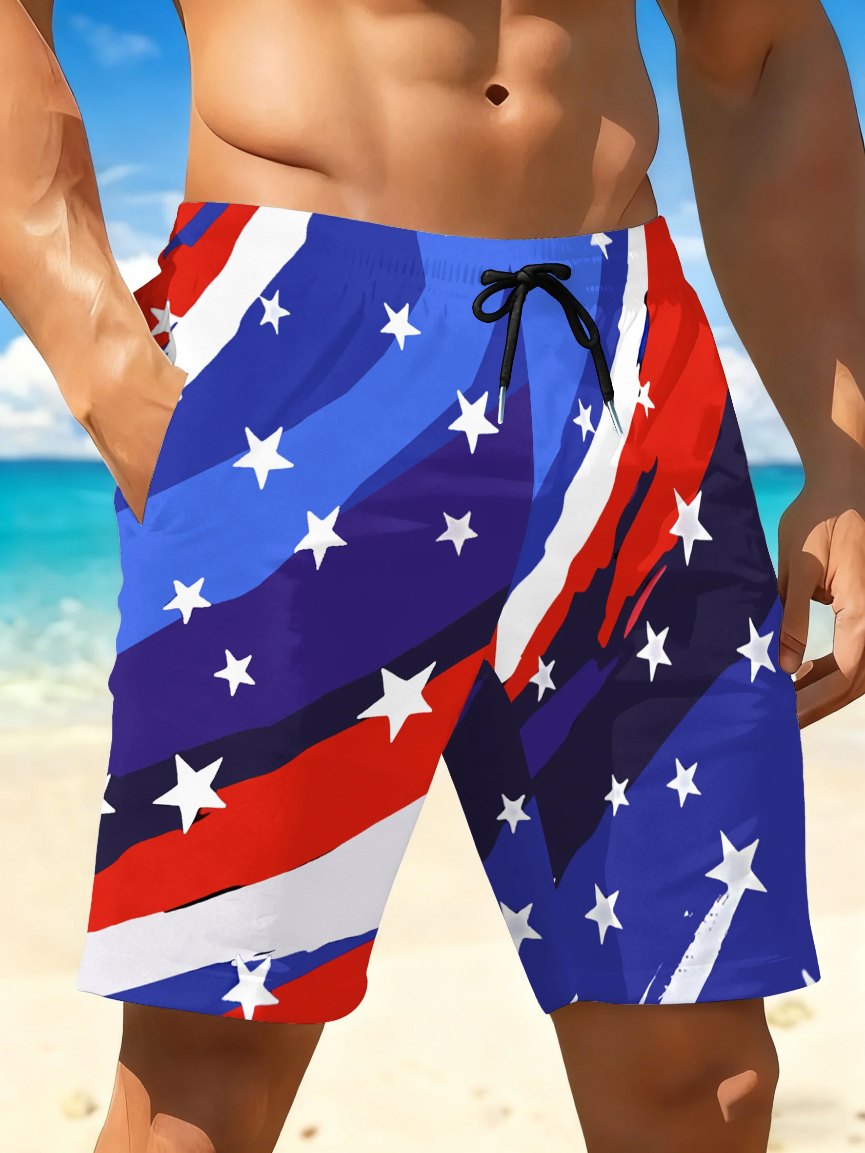 Men's Quick-dry Swim Trunks with USA Flag Red and Black Geometric Print Casual Ideal for The Beach, Pool, Gym, and Outdoor
