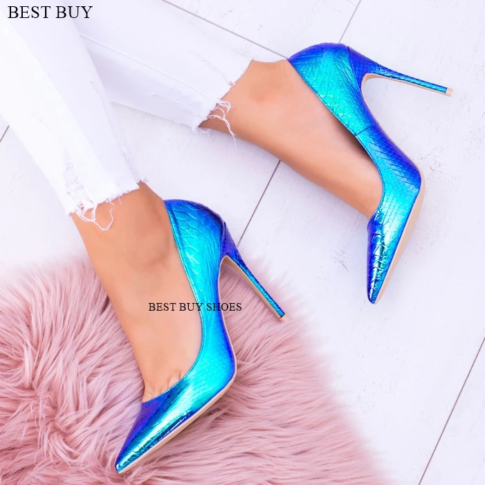 Women Shiny Wedding Dress Shoes Sexy Laser Snake Pattern High Heels 10CM Slip On Pointy Toe Color Changing Party Stilettos Pumps