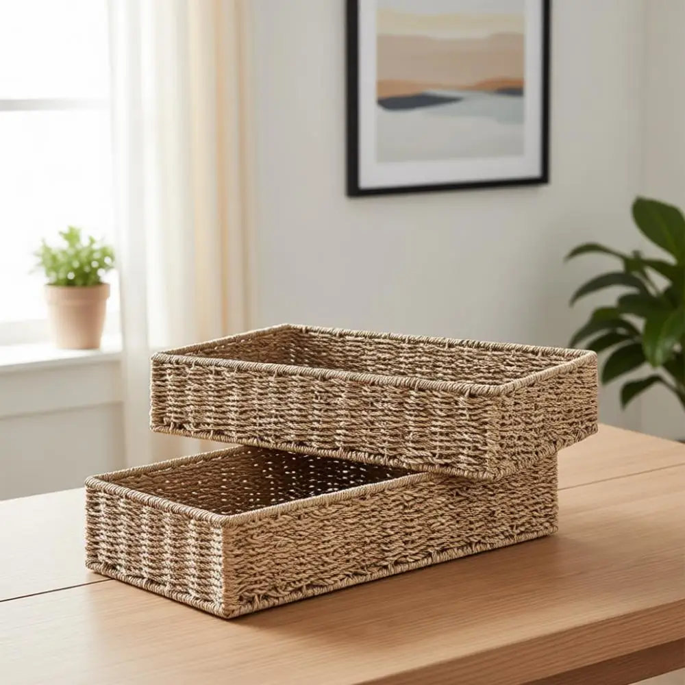 

Natural Seagrass Tray for Large Spaces, Storage Baskets and Shelves, Handcrafted Wicker Organizers, 2-Pack
