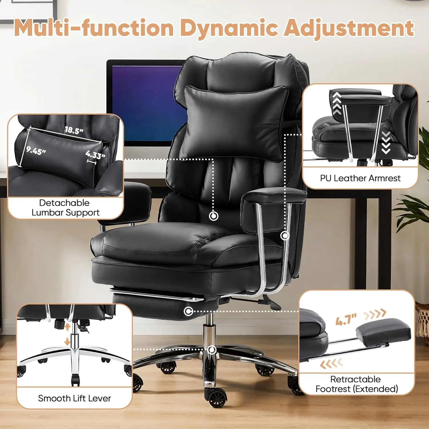 Executive Home Office Desk Chair - Ergonomic Big Tall High Back with Footrest & Lumbar Support, Reclining Height Adjustable
