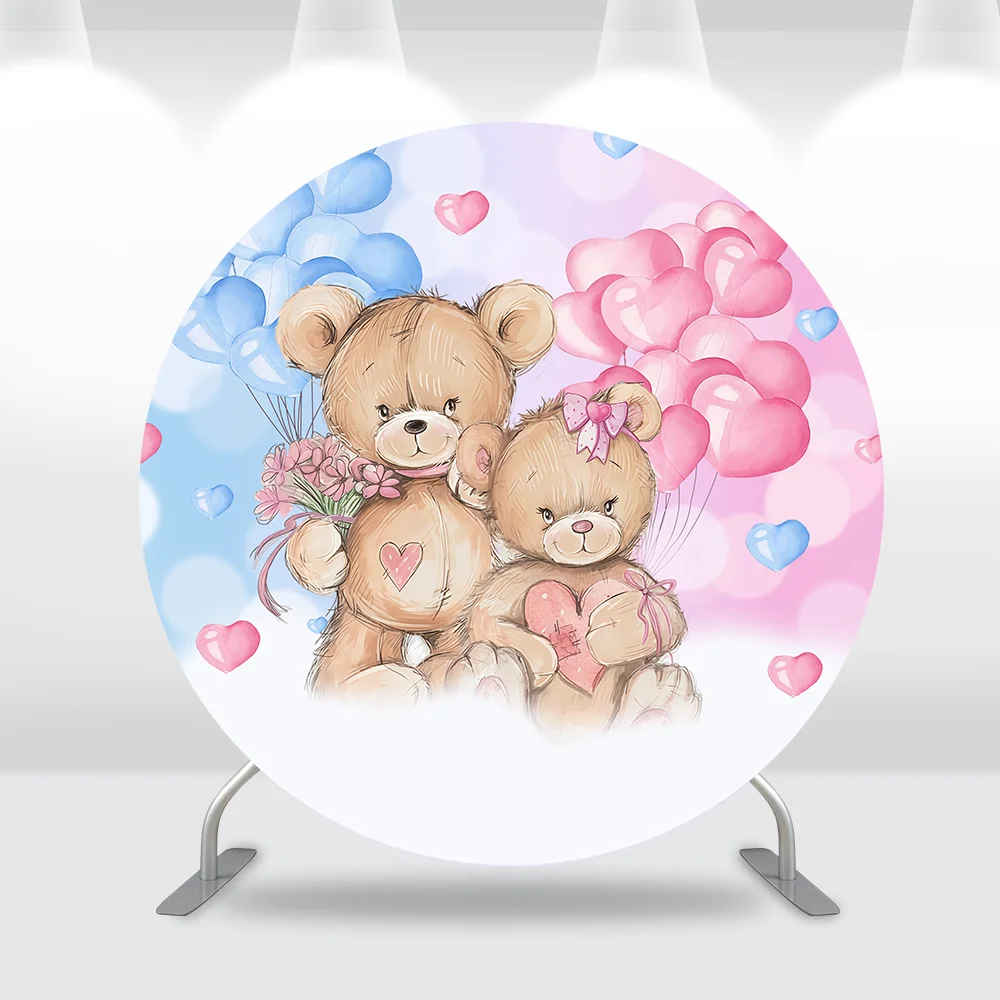 Round Gender Reveal Backdrop Cover for Boy Or Girl Baby Shower Photography Background He Or She Bear Balloons Party Decoration
