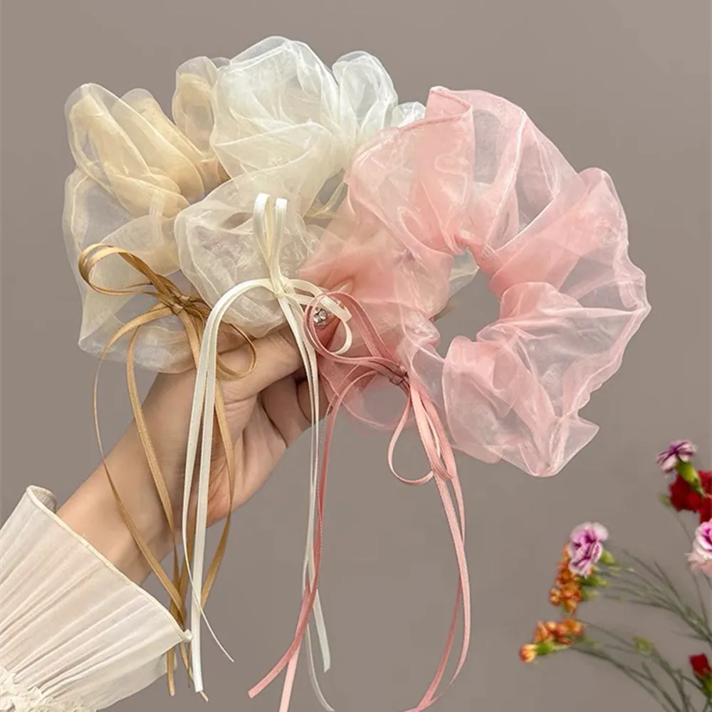 New Bow Scrunchies Mesh Yarn Gauze Ballet Mesh Ribbon Hair Ties Elastic Hair Band Ponytail Holder Hair Ring Rope Hair Accessorie