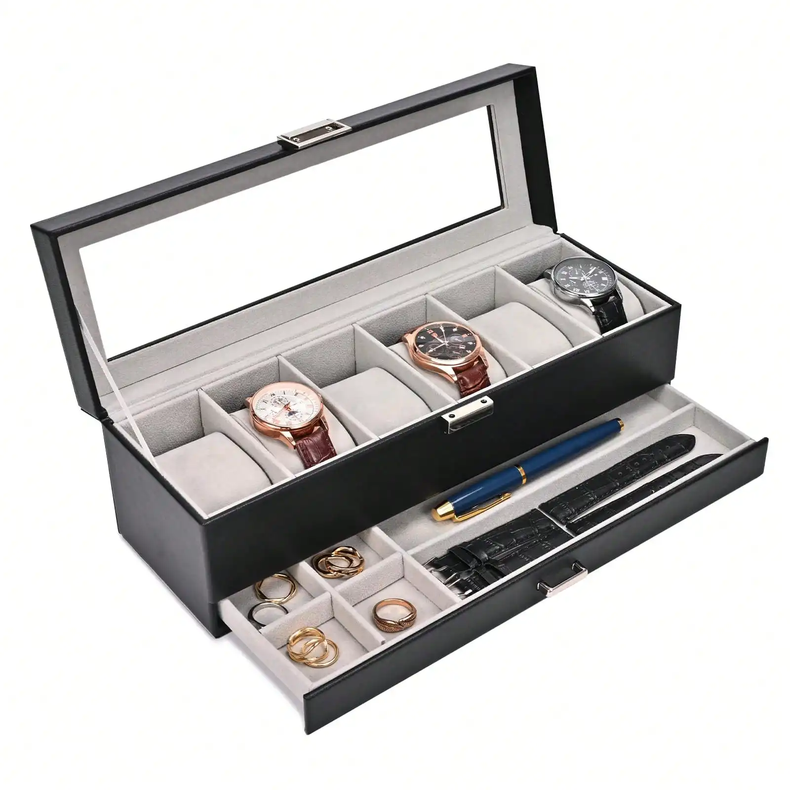 Lechay Watch Box For Men, 6 Slot Watch Display Case With Drawer, Mens Watch Case With Glass Lid, 2-Layer Jewelry And Watch Stora