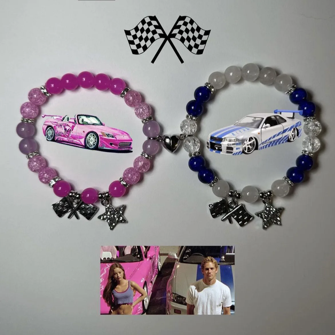 2PCS/set Fast And Furious Bat Matching Bracelets For Couples Bracelets Cool Race Car Victory Banner BFF Beaded Bracelet Jewelry