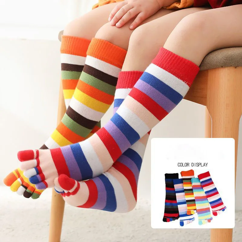 5 par skarpetek dla dziewczynek Happy Five Finger Socks Cotton Bright Color Long Tube Colorful Striped Split Toe Calf Socks for Children Gift