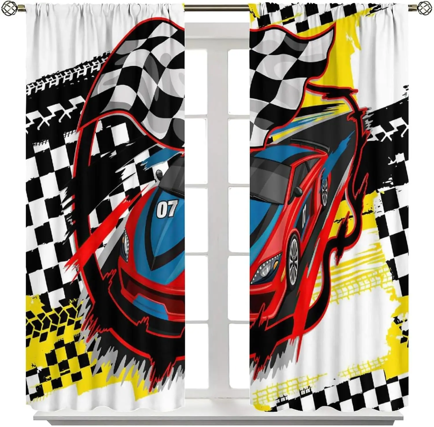 Racing Car Kids Blackout Curtains,Checkered Flag Racing Abstract Red Background Decoration, Bedroom Living Room Kitchen Curtains
