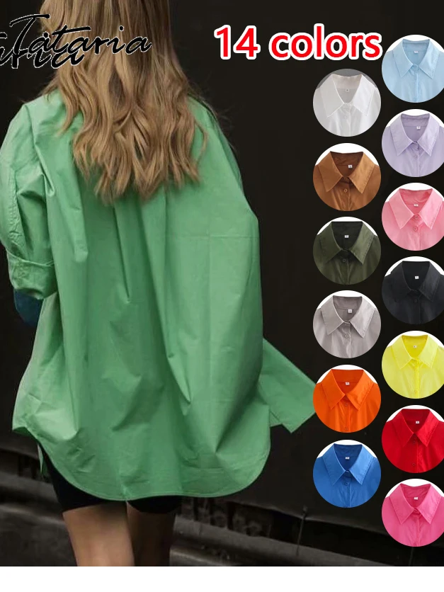 Basic Candy Colors Shirt Women's Beautiful Blouses with Collar 2023 Summer Green Button Up Shirts Oversized Long Sleeve Tops