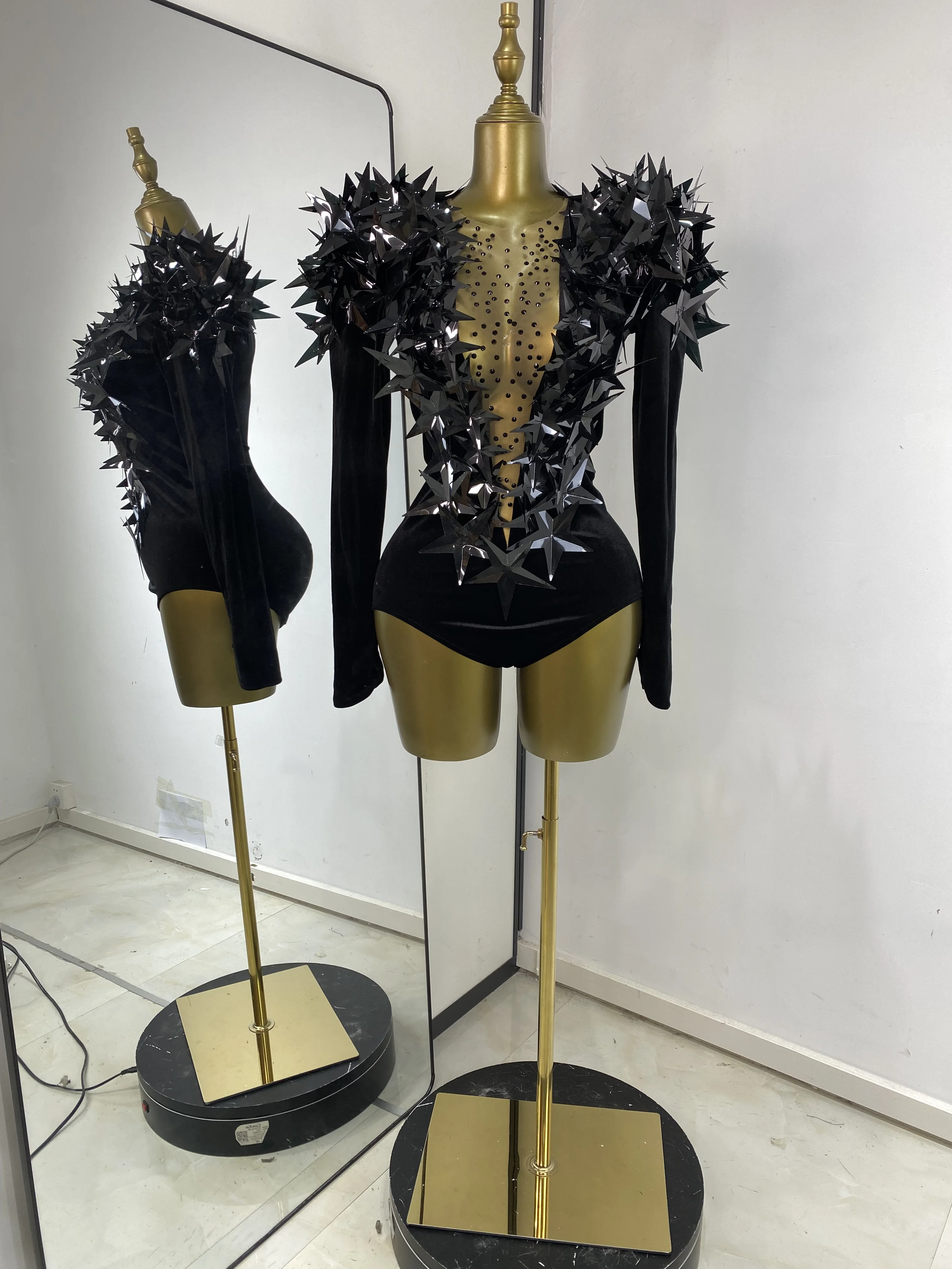 

Women Black Gothic Performance Costumes Stars Rhinestones Long Sleeve Velvet Leotard Topic Evening Club Party Nightbar Dj Dress