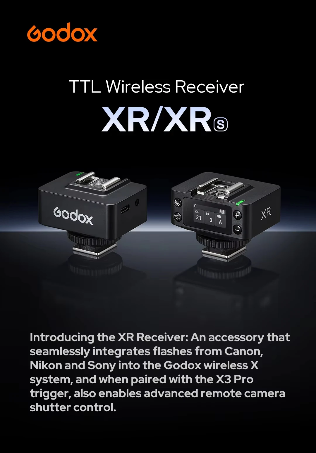 Receptor Sem Fio Godox XR TTL 2.4GHz com Alcance de 100m, Compatível com Canon R7, Nikon D4 e Sony A7RII