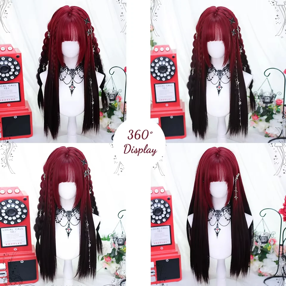 OLACARE Synthetic Long Straight Lolita Wig with Bang Red Ombre Black Cosplay Party Halloween Christmas Wavy Curly Harajuku Wig