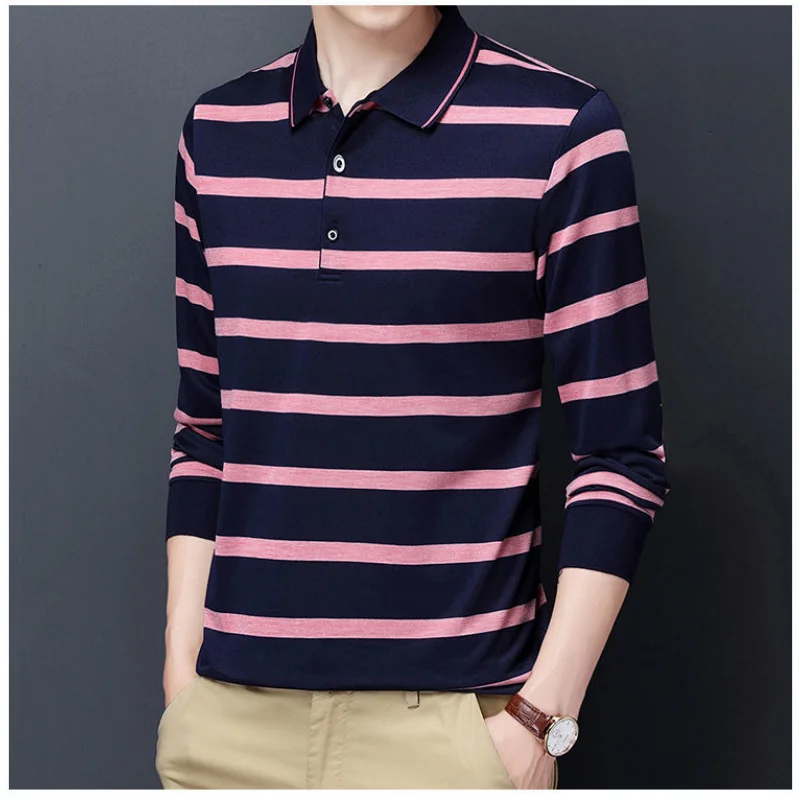 Fashion Men Clothing Long Sleeve Striped Polo Shirts Spring Autumn Business Casual Streetwear Korean New Loose Versatile Tops