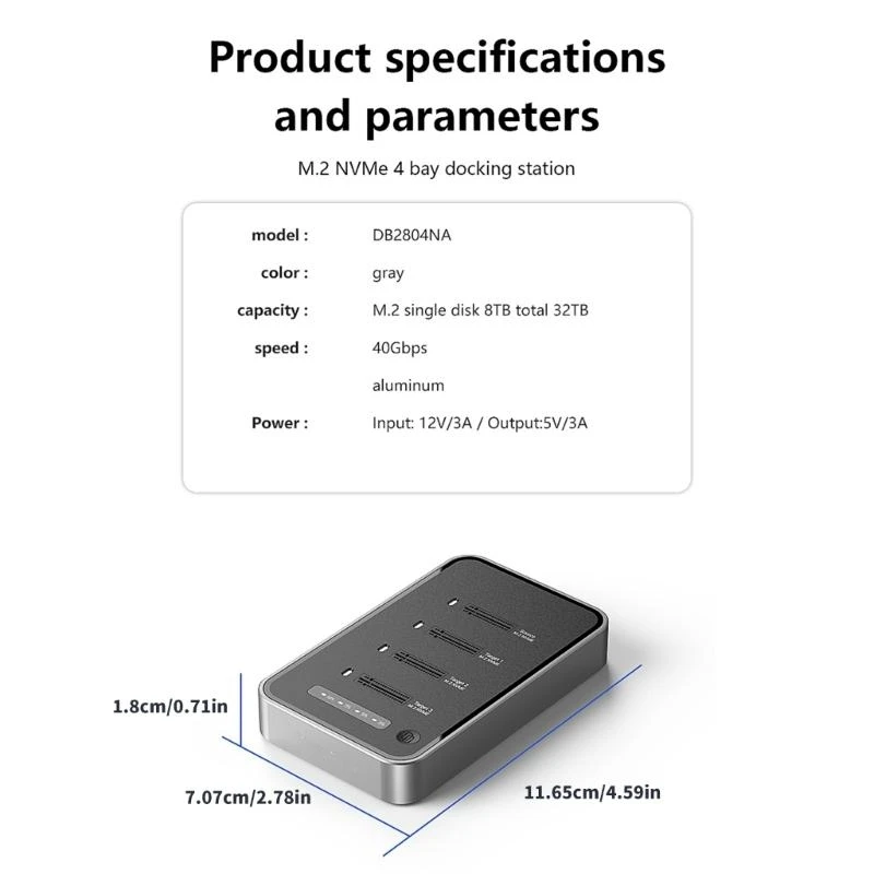 4 Bay M.2 NVME Disks lects tooless support support 12V Power Adapter
