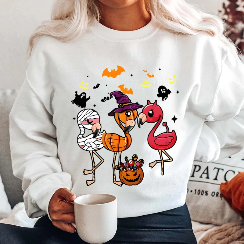 Plus Size Halloween Flamingo Print Sweatshirt Casual Crew Neck Long Sleeve Sweatshirt For Fall & Winter Women's Clothing