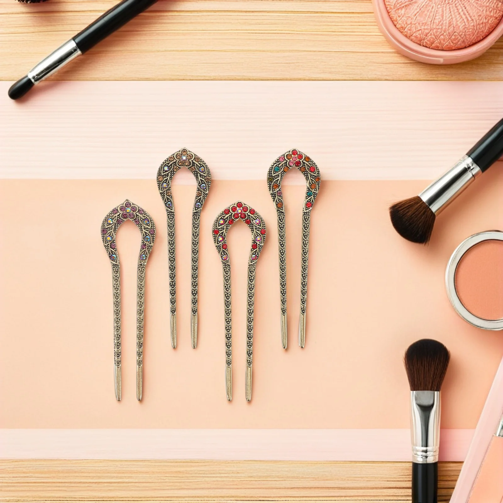 

4pcs Pins For Buns Women Retro U Shaped Rhinestone Hairpin Chinese Style Vintage Fork Peach Blossom Design Updo Chignon Wedding