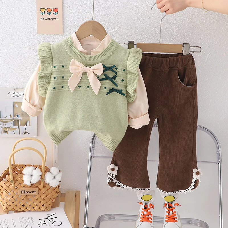 Children Clothing Sets Spring Baby Girls Knitted Lace Vest Shirt Pants 3 Pieces Suit Infant Bow Princess Clothes Kids Outfits