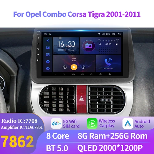 オペルコンボコルサティグラ 2001-2011 カーラジオマルチメディア GPS Apple Android 14 ワイヤレス BT CarPlay 7862 8 + 256 2K QLED スクリーン
