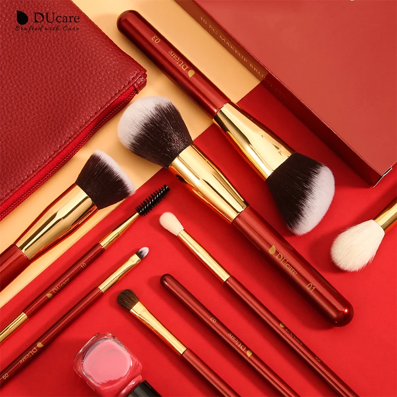 DUcare 10Pcs Red Makeup Brush Set Powder Eyeshadow Foundation Eyebrow Contour Blending Cosmetics Brushes maquillage with Bag