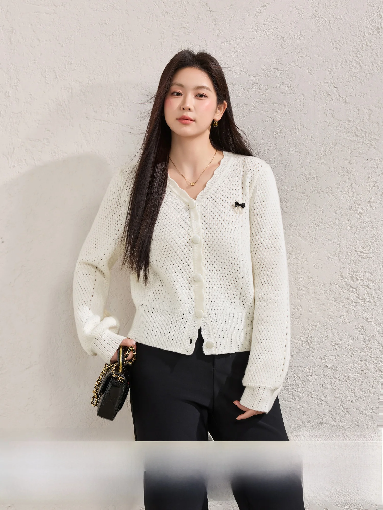 

Blue Language Large Size Knitted Lace Hollow out Cardigan Women's Spring 2026 New Sle Lantern Sve Waist Cinching Slimmin...