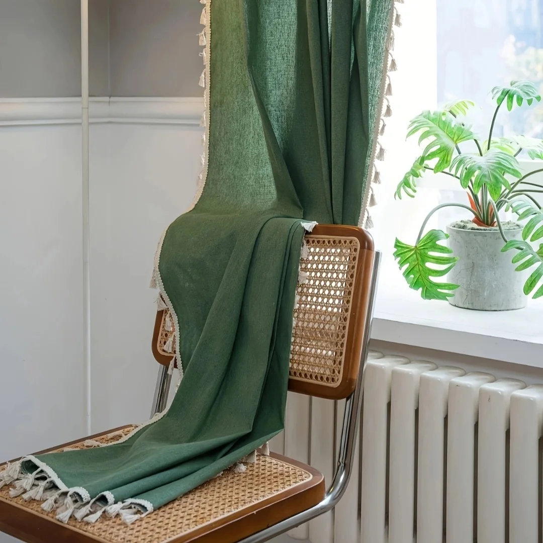 1 panel with 100% full shading green curtains, bohemian style tassel rod pocket curtains suitable for living rooms and bedrooms