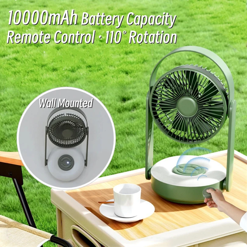 

10000mAh Battery Portable Camping Fan with Remote Control Rechargeable Desktop Air Circulator Wireless Wall-mounted LED Lighting