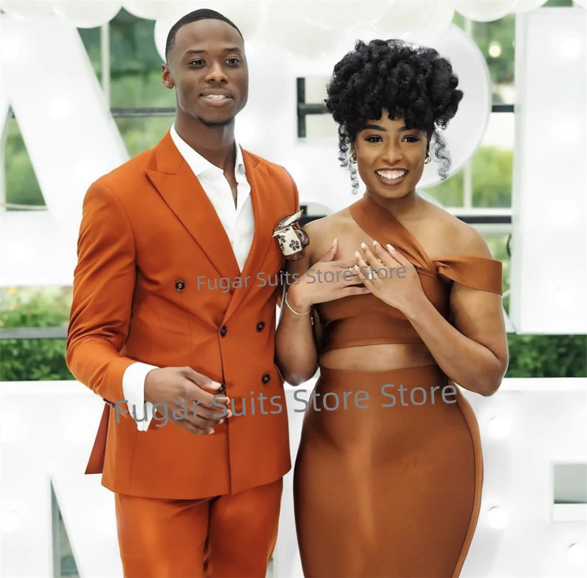 Fashion Orange Wedding Suit For Men Double Breasted Peak Lapel Groom FormalTuxedos 2Pieces Sets Luxuly Male Blazer Costume Homme