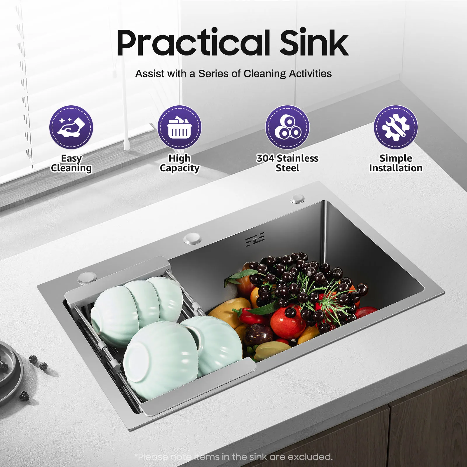 304 Stainless Steel Kitchen Sink with Drain Set Adapted to Embedded, Countertop, And Off-Platform Installations 66*45*21cm