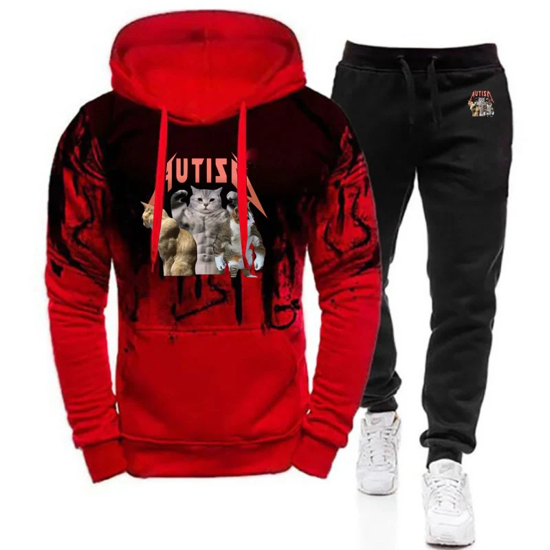 

2025 Sport Gym Spring And Autumn Man's High Quality Gradient Color Hoodies Buff Cats Autism Memory Logo Print Pants Suits