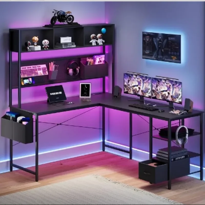 L Shaped Raised Computer Desk with Drawers Hanging Pouches Open Shelf LED Light Power Strip Large Storage Home Office