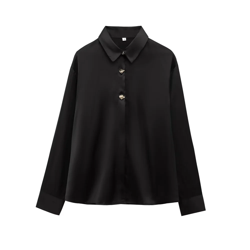 女性用ゴールドブレステッドシルクテクスチャードシャツ、長袖襟付き、春夏新作カジュアル婦人服