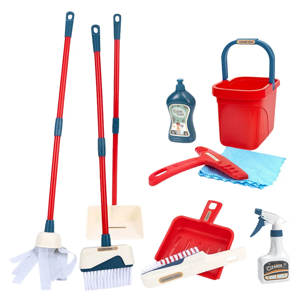 1 conjunto de limpeza realista das crianças conjunto mop vassoura pá balde fingir casa role play ferramentas educacionais haste