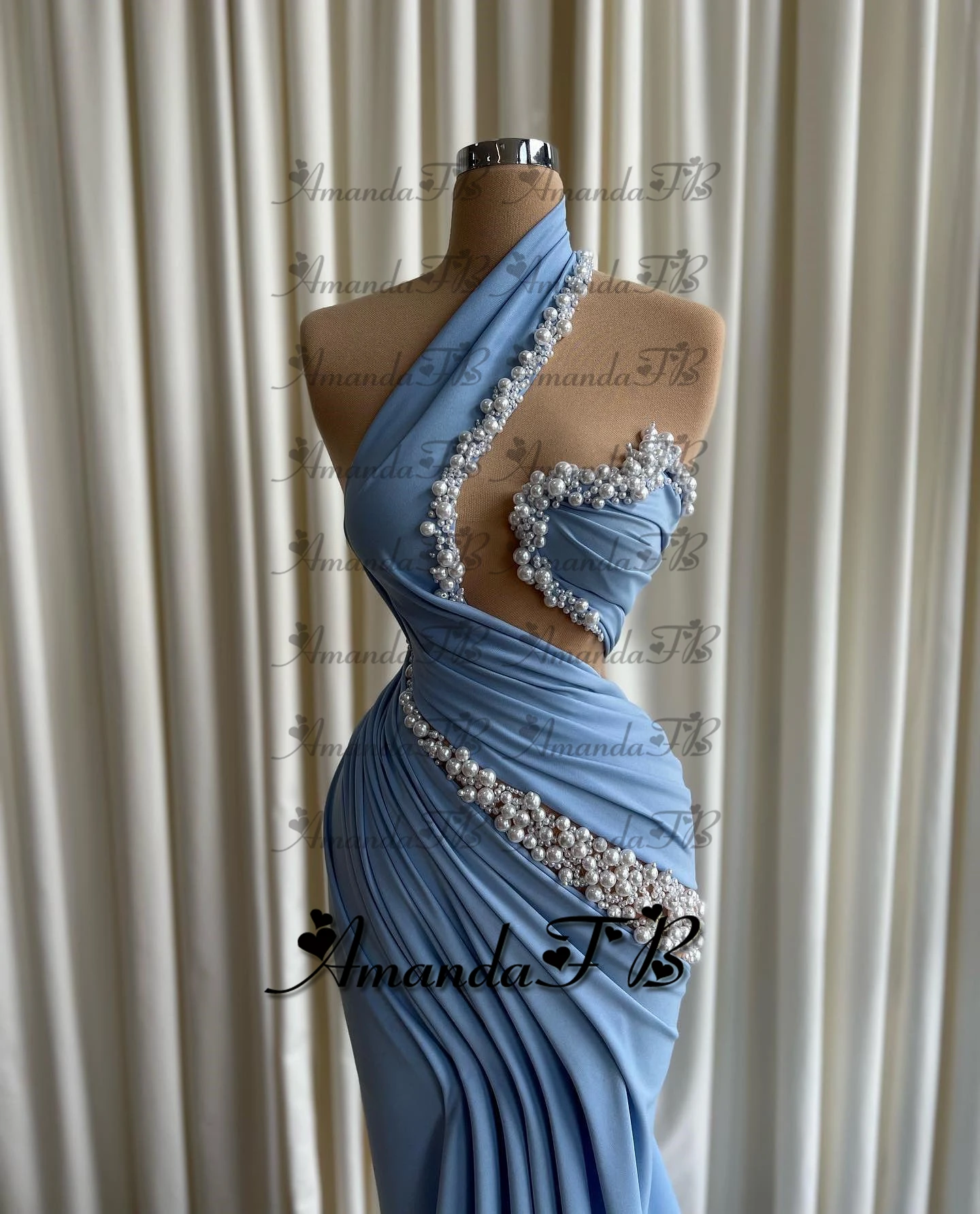 Amanda Fairytale Pearls Evening Dresses for Women Trumpet Satin Sleeveless Formal Party Gown Vestidos De Noche Customized