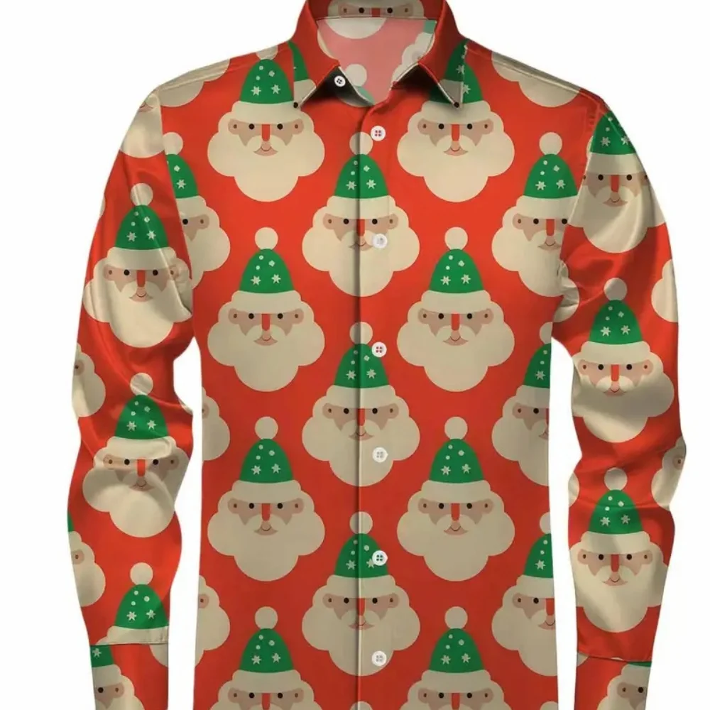 Men's plus Size Long Sleeved Button Cardigan Santa Claus Print Lapel High-Quality Casual Top for Parties And Gatherings
