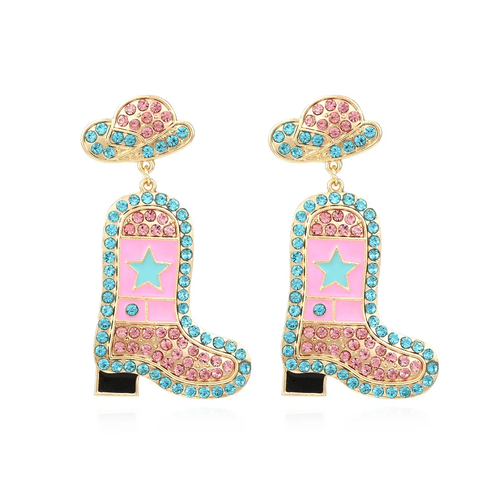 Light Luxury Diamond Cowboy Hat Boots Earrings Exaggerated Alloy Drip Oil Set Pearl Boots Earrings Earrings
