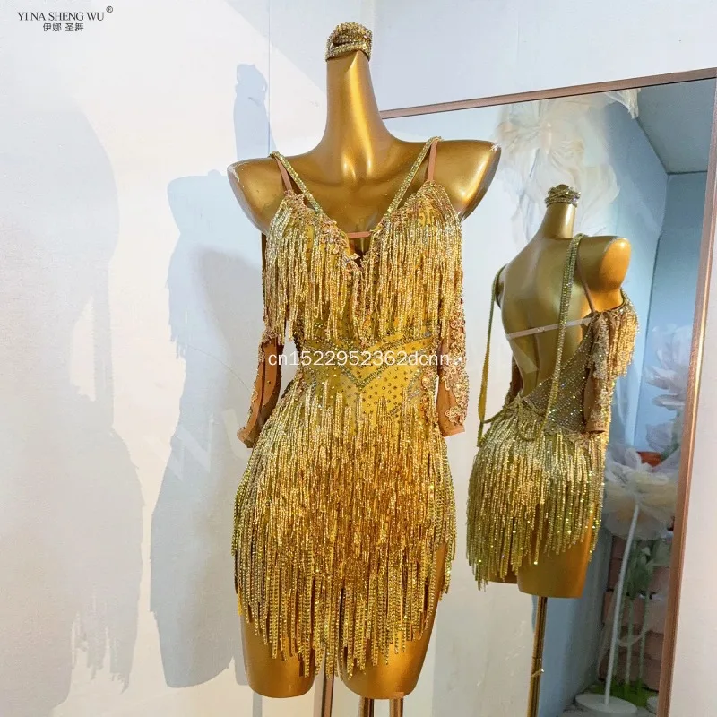 

Adult And Child Latin Dance Fringe Dress with AB Stones for Tango Samba Performance Girls Competition Costume