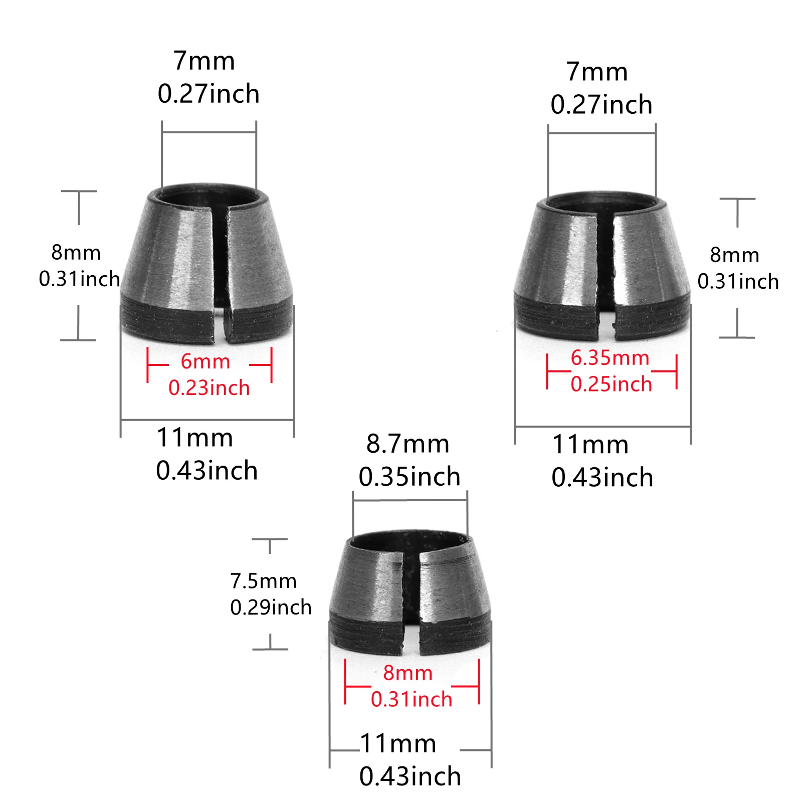 6Pcs/Lot Router Collet Chuck Adapter 6mm 6.35mm 8mm for Trimming Engraving Machine, Woodworking Cutter Converters Clamping