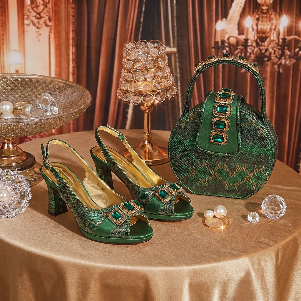 Elegant Green Peep‑Toe High Heel Sandals & Round Handbag Set,Rhinestone Decor Italian Style Women Party Shoes Bag Matching Set view 3