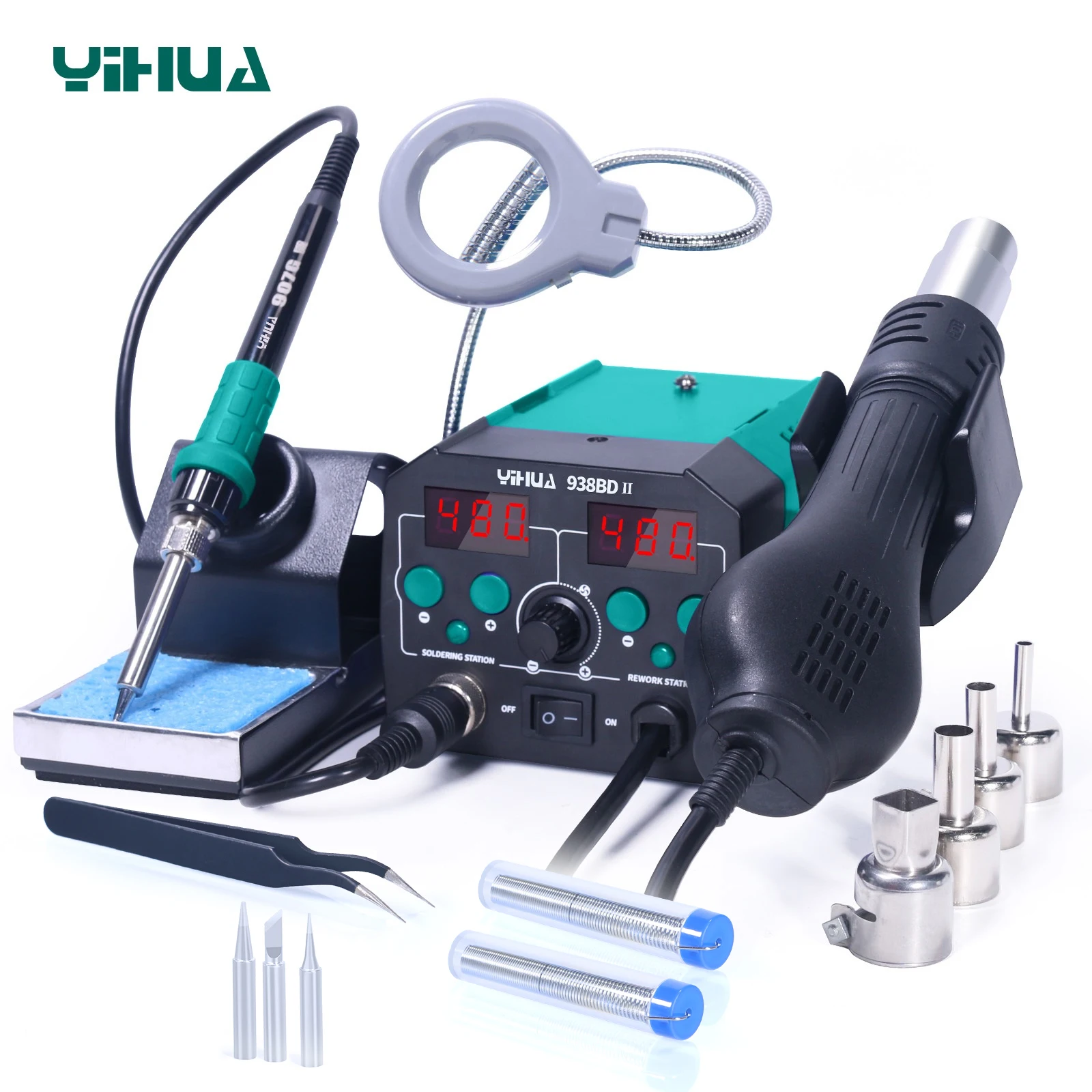 YIHUA 938BD-II 740W Hot Air Gun BGA Rework Station SMD Soldering Iron Desoldering Station LED Lamp Digtal Display Welding Tool