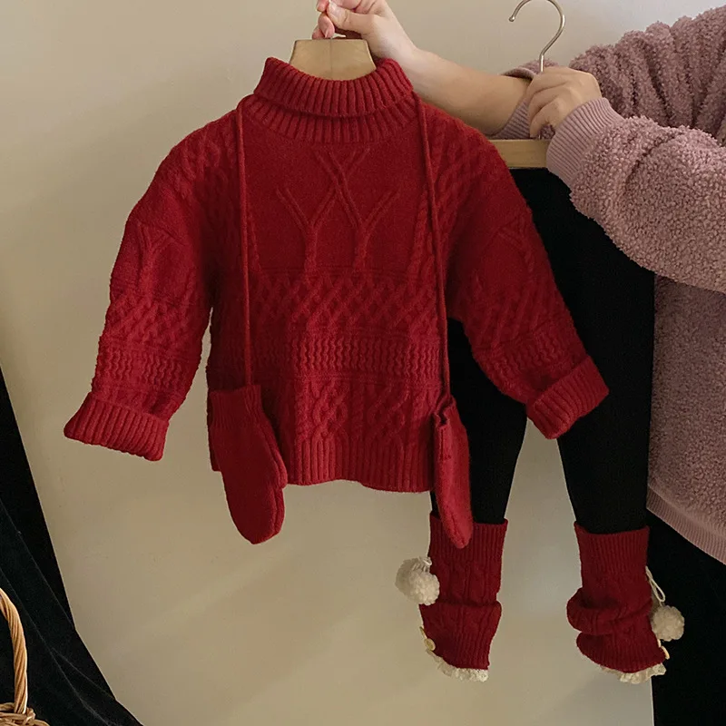 Girls Suit 2024 Winter New Childrens Wear Girls Baby Red Twist Turtleneck Sweater Spliced Leggings Two-piece Gloves Casual