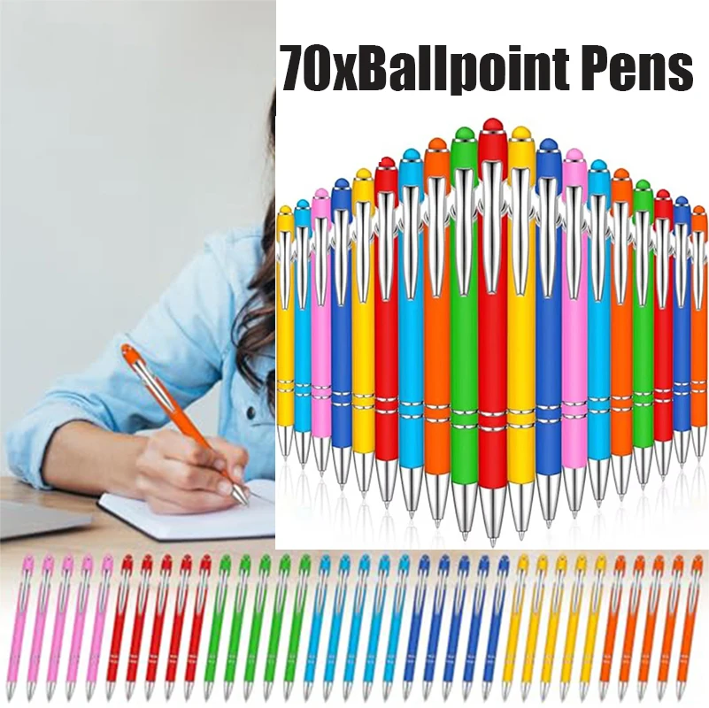 70 Pcs 2 in 1 Stylus Ballpoint Pens, Assorted 7 Bright Colors Soft Rubber Metal Touch Screen Pen