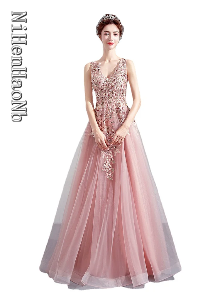 Evening Dress Quinceanera Dresses 2023 New Pink V-neck Student Hostess Elegant Dress