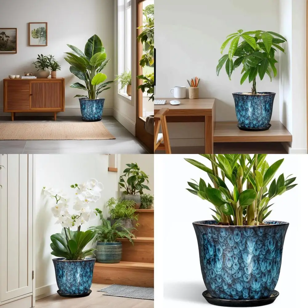 

10 Inch Round Plant Pot with Drainage and Saucer, Suitable for Indoor or Outdoor, Blue Decorative Planter for Home or Office