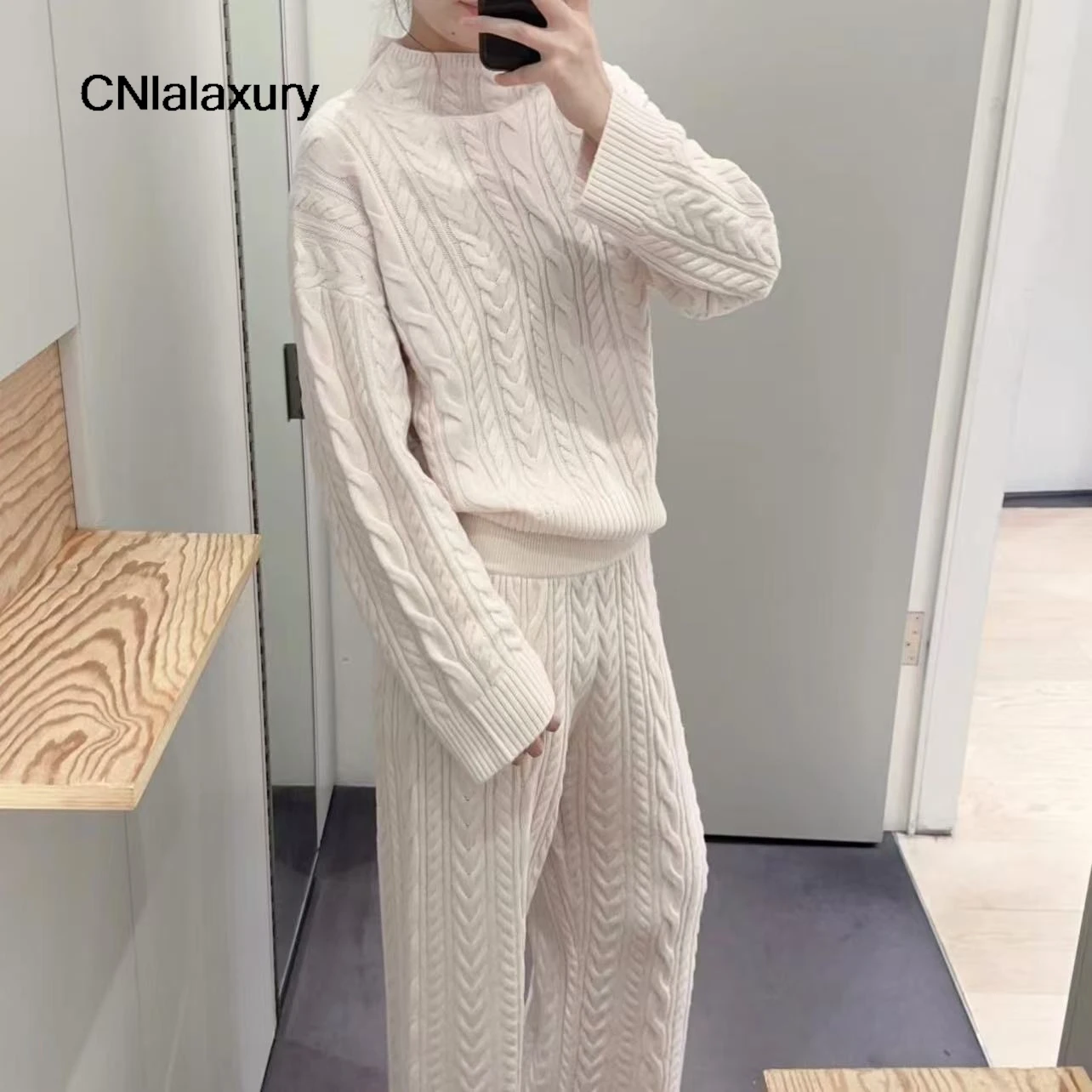 Knitted Gray Pant Sets Women Half Turtleneck Loose Sweater Wide Leg Trousers 2 Pieces Suits Female 2 Pieces Sets outfit women