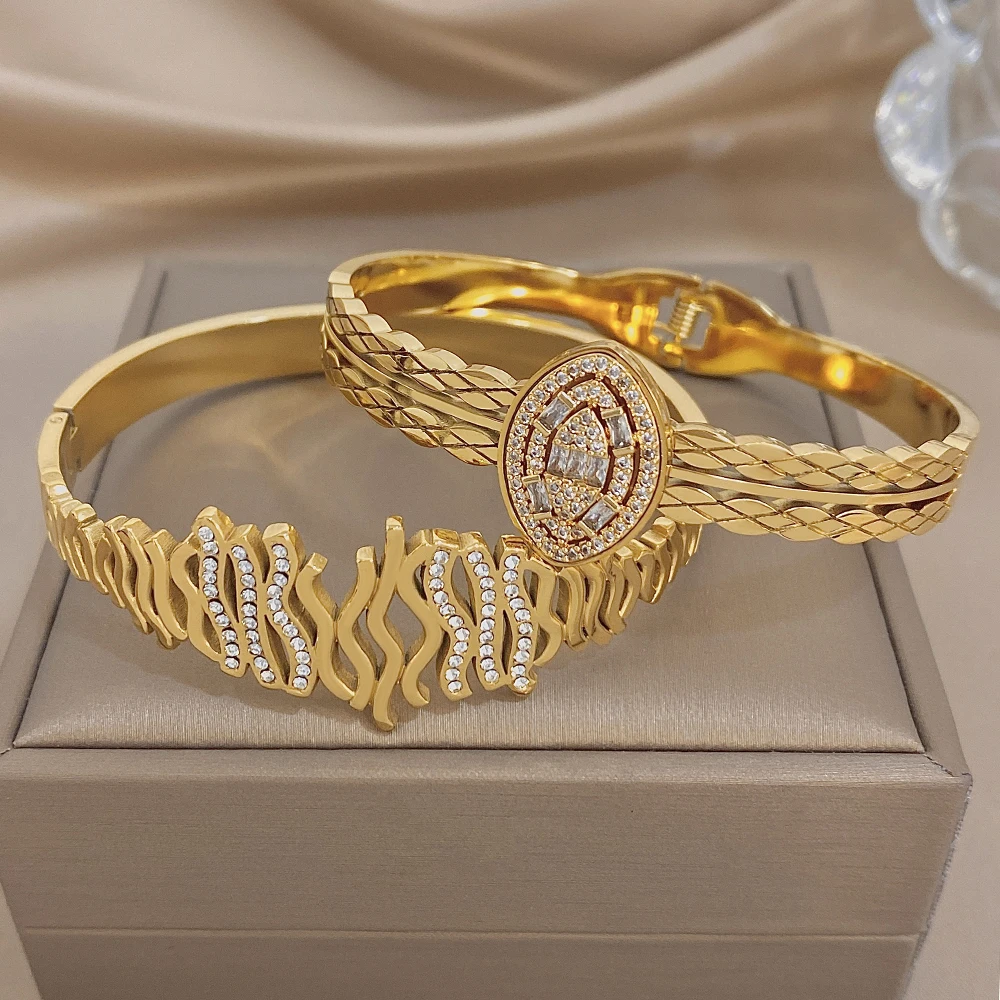 Irregular Zircon Wave Stainless Steel Bracelet for Women Exquisite Gold Plated Geometric Cuff Bangles Waterproof Jewelry