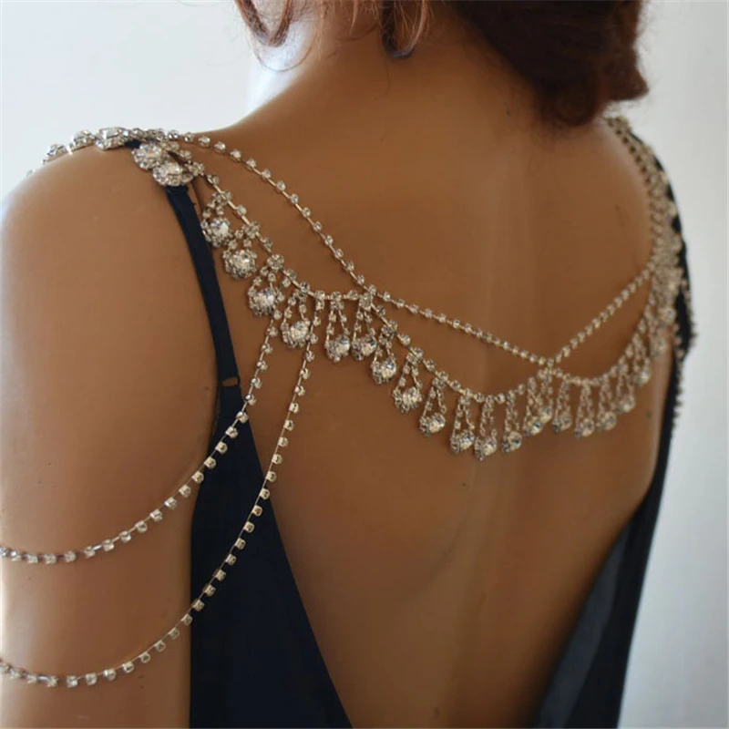 New Handmade Sewing Multilayer Trimming Bridal Crystal Clear Rhinestone Shoulder Chain for Wedding Dress Back Dance Clothes