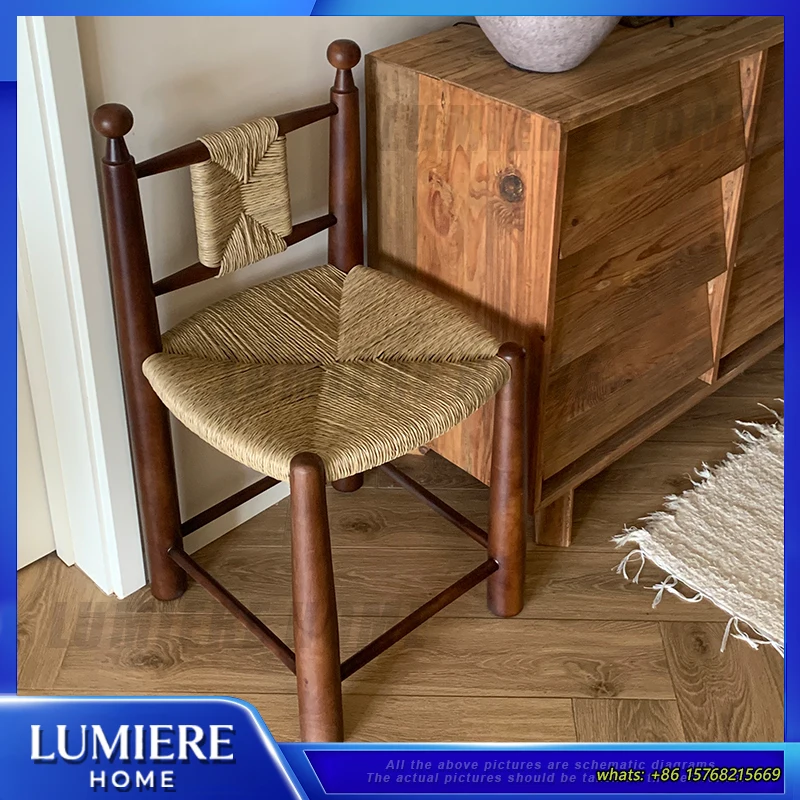 Vintage Rattan Dining Chair Solid Wood Coffee Shop Chair Retro Windsor Style Restaurant Bar Cafe Home Furniture Commercial Use