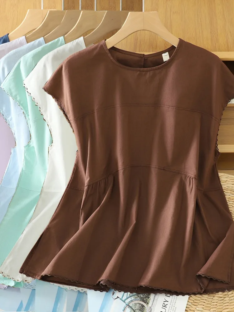 Japanisches Sle Svel rundes Ne Lace Trim Leinenmischung Damen T-Shirt Sommer Fre A-Linie Midi irt Lässig Bequem